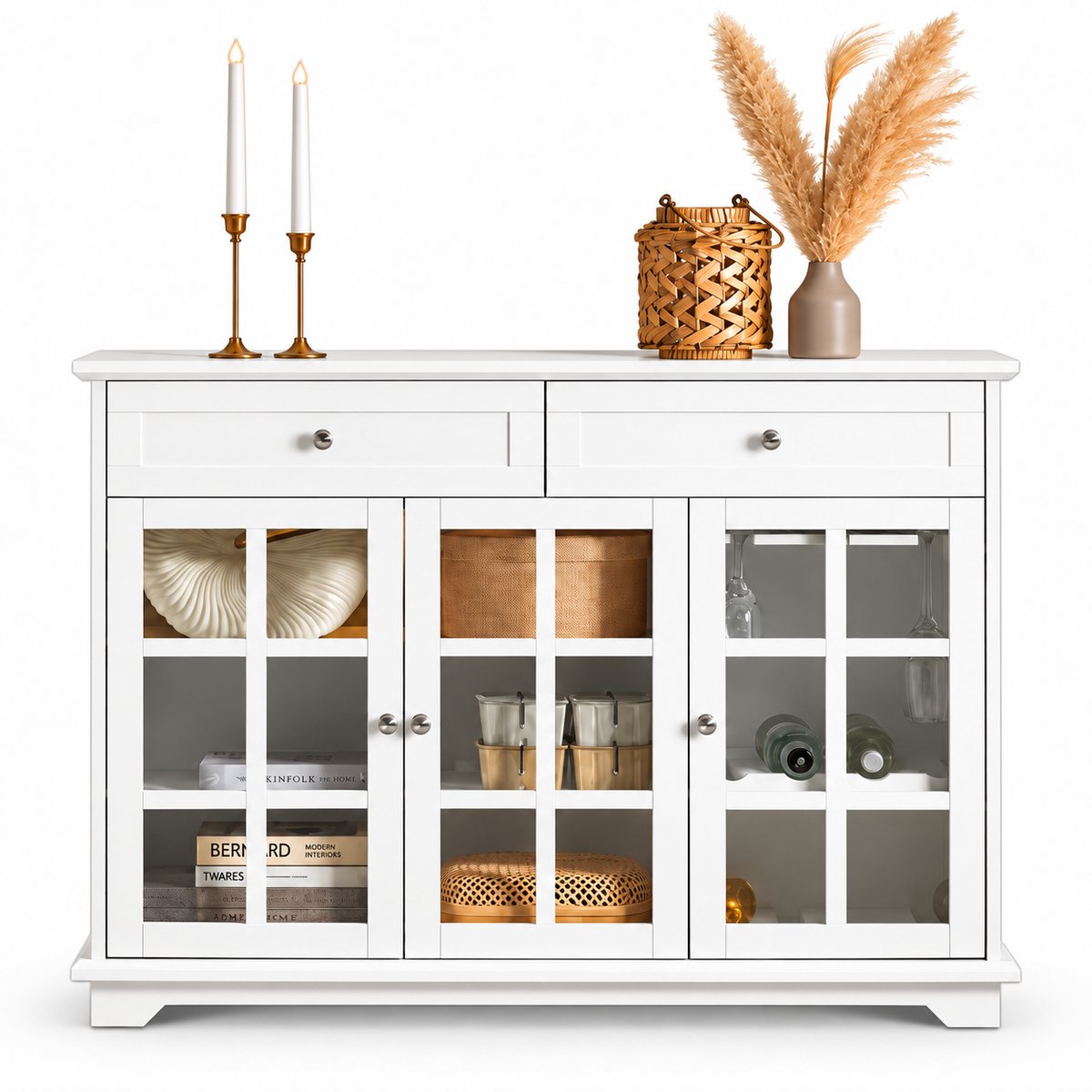 Molhaus Buffetkast - Keuken - 3 Glazen Deuren - Dressoir - 2 Laden - Wijnrek - 2 Laden - 119x90x40 cm - Wit - Opbergkast