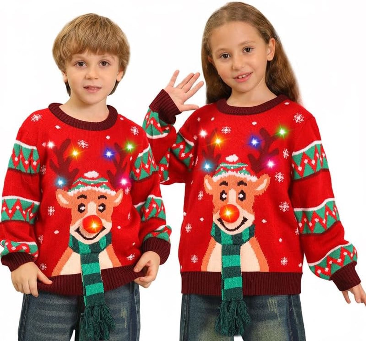 Kersttrui met verlichting, foute kersttrui met rendierprint met sjaal, voor dames en heren, koppels