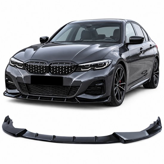Zwarte voorlip spoiler geplaatst voor een grijze BMW 3 Serie G20 met M-pakket.
