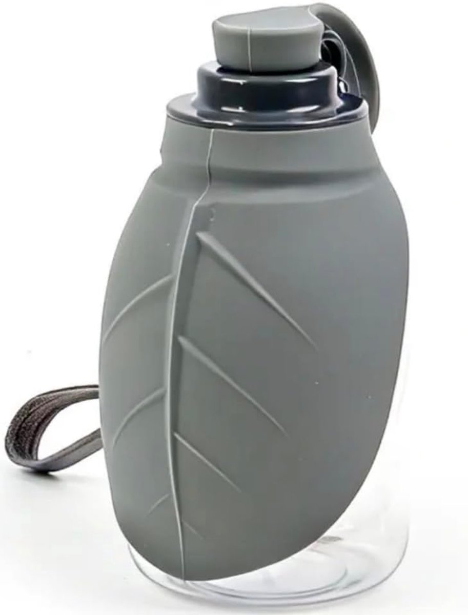 Furry Fiesta Mini-waterfles en voer voor huisdieren, van siliconen, bladvorm, 300 ml, opvouwbaar, draagbaar, voor honden en katten, grijs