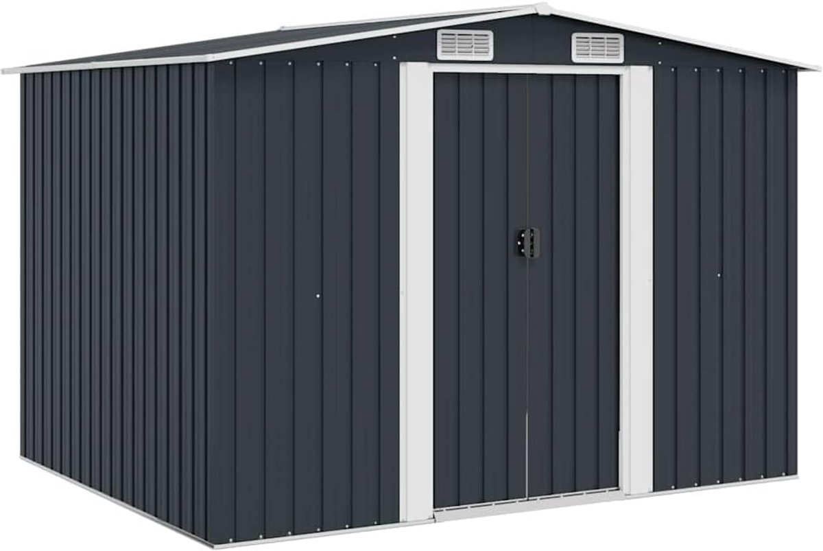 Gereedschapsschuur antraciet staal 257 x 205 x 178 cm met dubbele schuifdeuren en 4 ventilatieopeningen voor tuin en achtertuin opslag