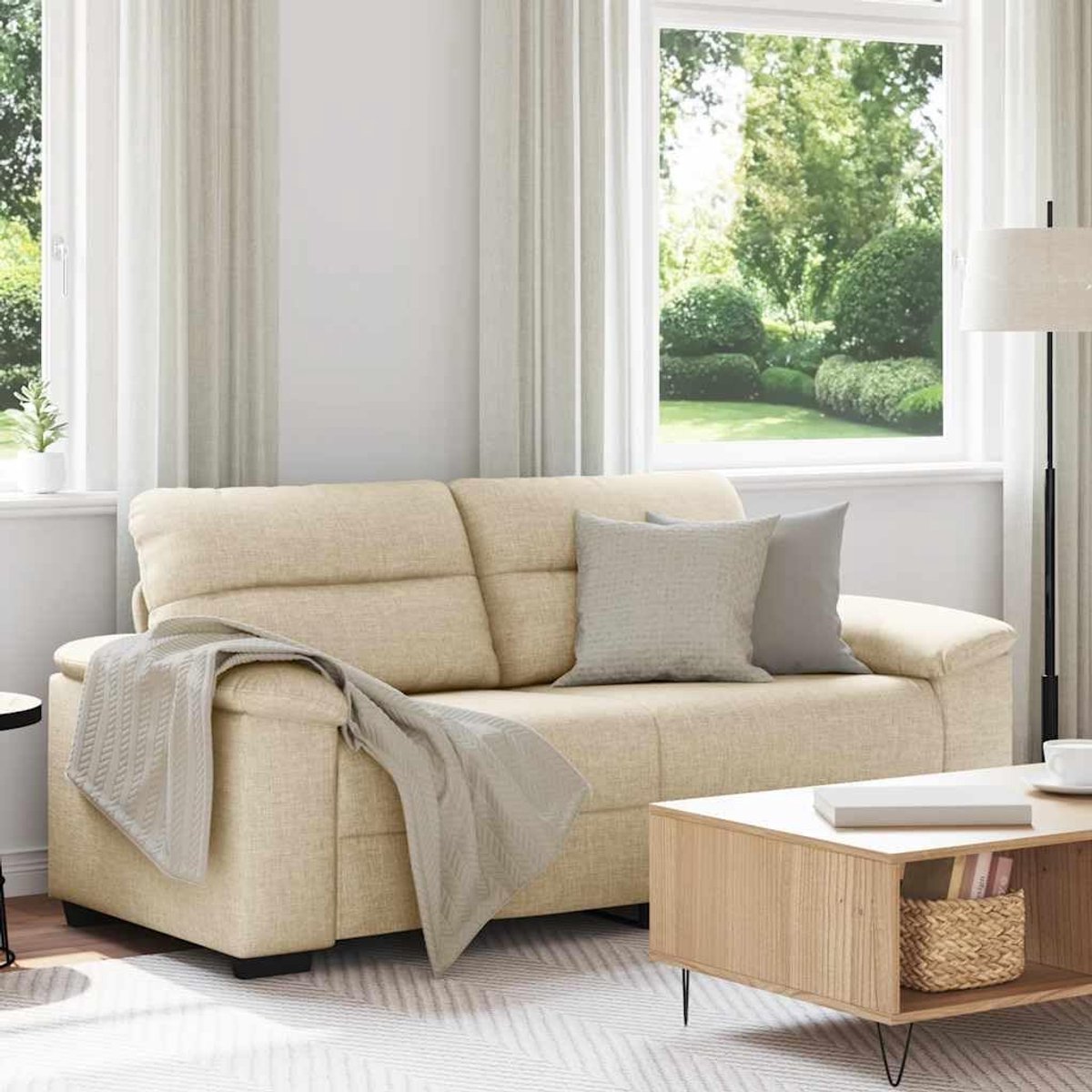 2-zitsbank, crèmekleurig, 140 cm, polyester stof, voor woonkamer, zitmeubel met brede armleuningen en robuust hout, metalen frame voor ontspanning, televisie, lezen