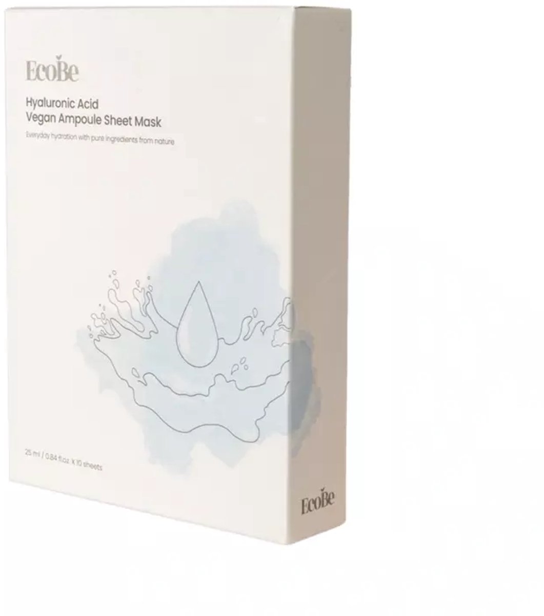 EcoBe Hyaluronic Acid Vegan Ampoule Sheet Mask / Vliesmasker met hyaluronzuurcomplex, 10 stuks