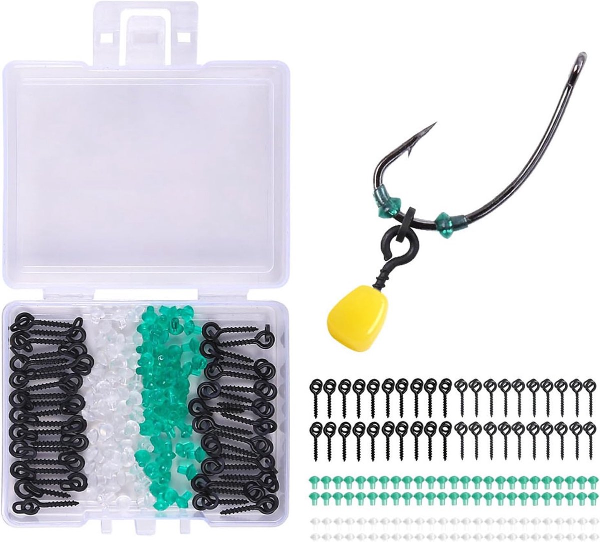 Hakenset, 40 aasschroeven met ring van staal, 100 vishaken stoppers van TPR-kunststof, duurzame en robuuste visaccessoires voor boilies, jigs en ander aas