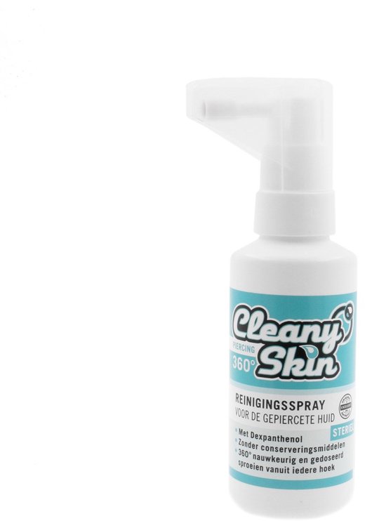 Cleany Skin reinigingsspray voor de gepiercete huid met 360° spuitmond.