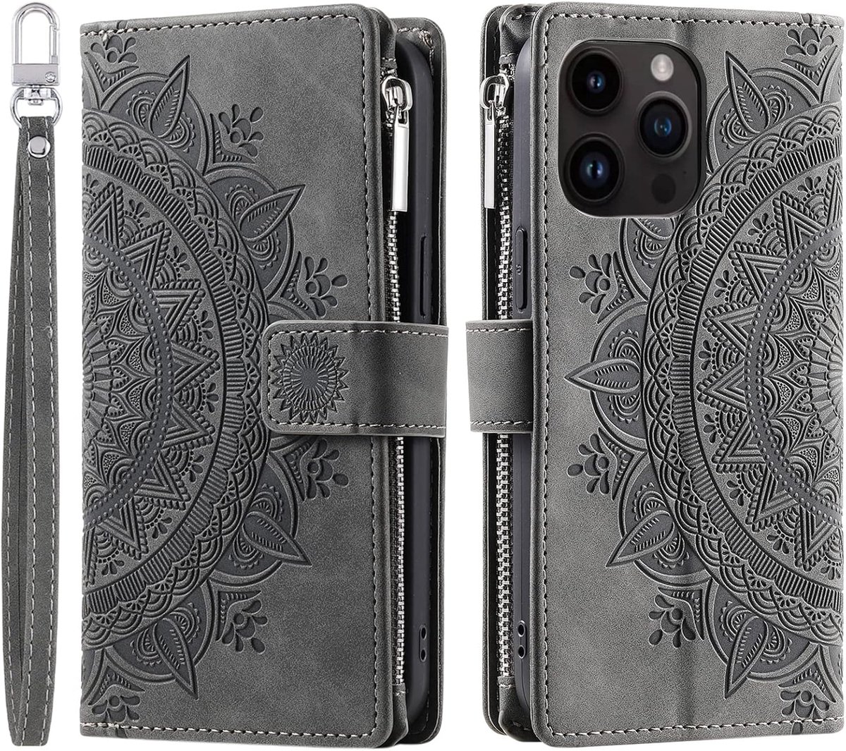 Hoes voor mobiele telefoon voor iPhone 15 Pro Max, inklapbaar, bloemen, telefoonhoes, beschermhoes, klaphoes met kaartenvak, mobiele telefoonhoes, flip, case, standaard, grijs