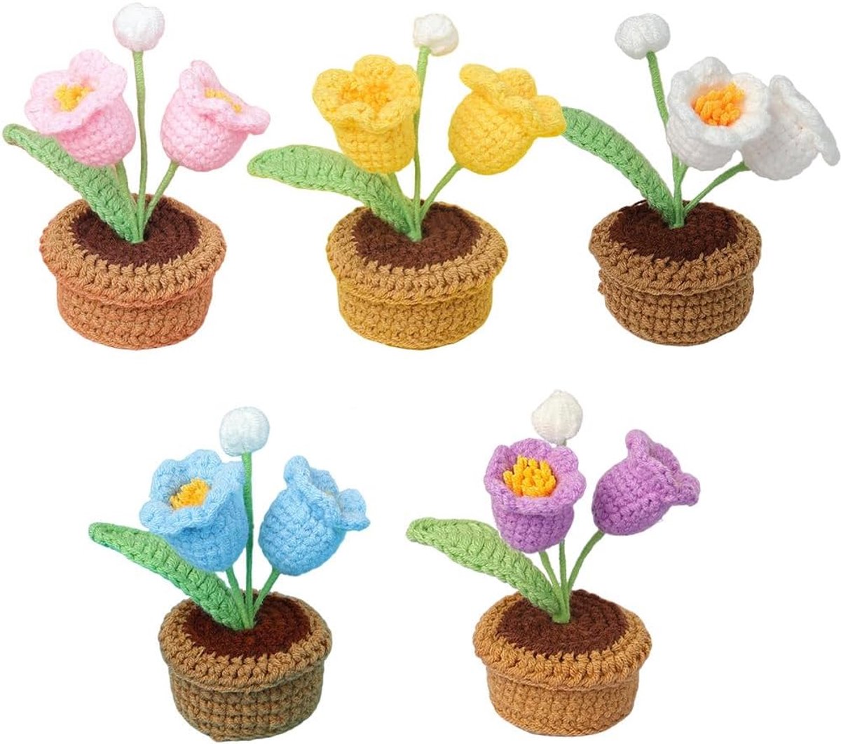 5 stuks gehaakte bloemen potplanten handgebreide lelietje-van-dalen kunstmatige wollen garen bloemen voor auto dashboard thuiskantoor tafel plank decor, kleur #F