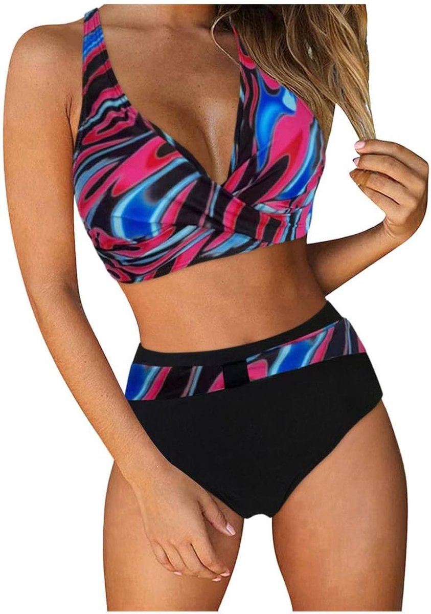 Tweedelige bikini, V-hals, hoge taille, bloemenprint