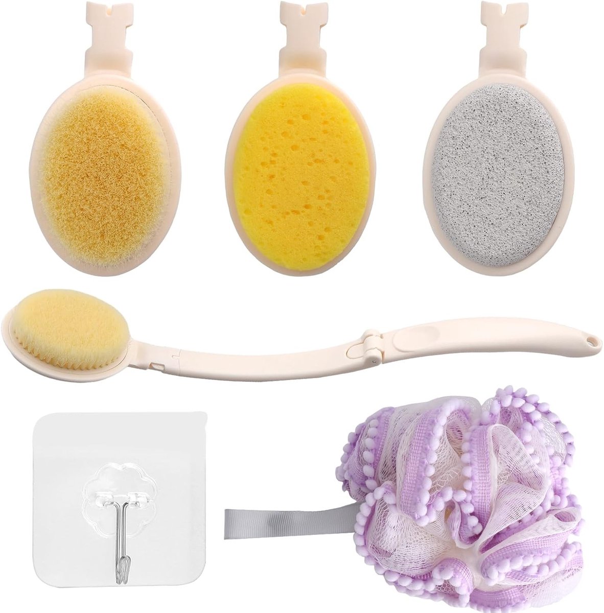 3-in-1 Lange Handgreep Rugborstel met Douche Spons, Vouwbare Badborstel en Wandhaak voor Effectieve Lichaamsverzorging en Rugmassage