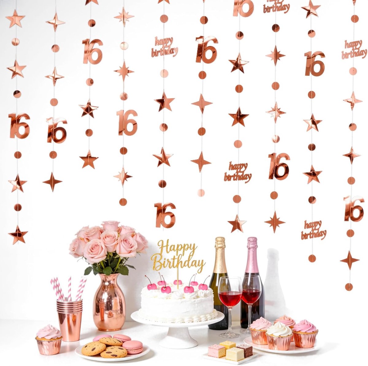 16 jaar Happy Birthday slinger: 14 m slinger van glanzend papier, roségoud, met sterren en stippen voor verjaardagsfeesten, doe-het-zelf decoraties en fotoachtergronden