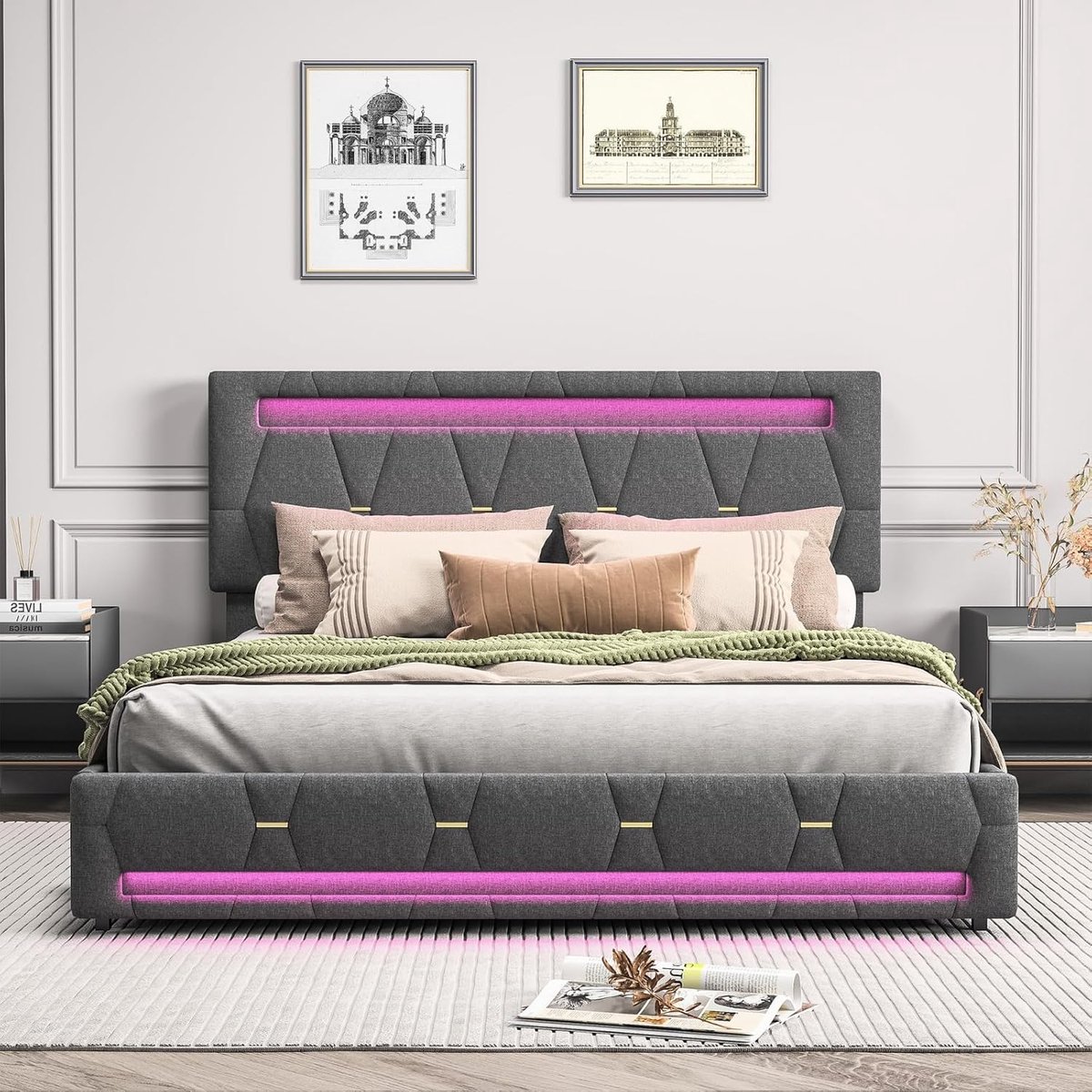 Belupai Tweepersoonsbed, gestoffeerd bed met ledverlichting, 4 laden, in hoogte verstelbaar hoofdeinde, ideaal voor kinderkamer en moderne kamers, linnen grijs, zonder matras (160x200cm)
