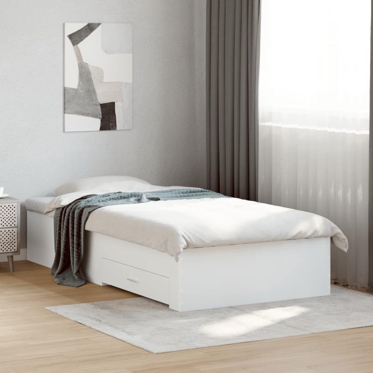 Tweepersoonsbedframe met Opberglades - Beton, Bewerkt Hout, Multiplex Lattenbodems voor Jongeren en Volwassenen (90x200 cm)
