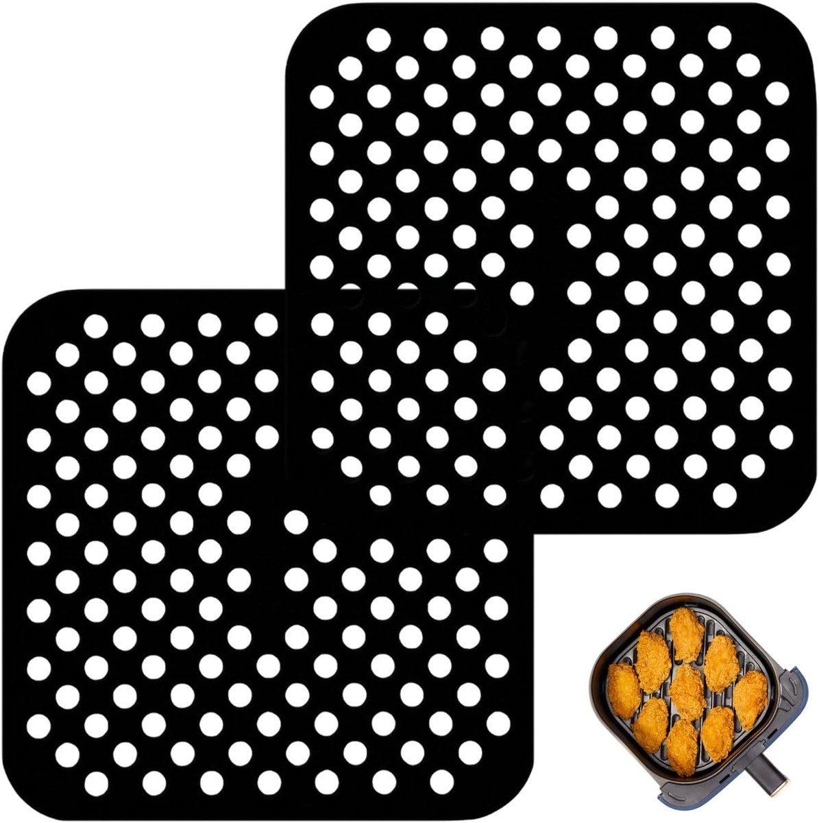2 stuks siliconen matten voor de heteluchtfriteuse, 21,5 x 21,5 cm, anti-aanbaklaag, luchtfriteuse, geperforeerd siliconen bakpapier voor heteluchtfriteuse, vierkant
