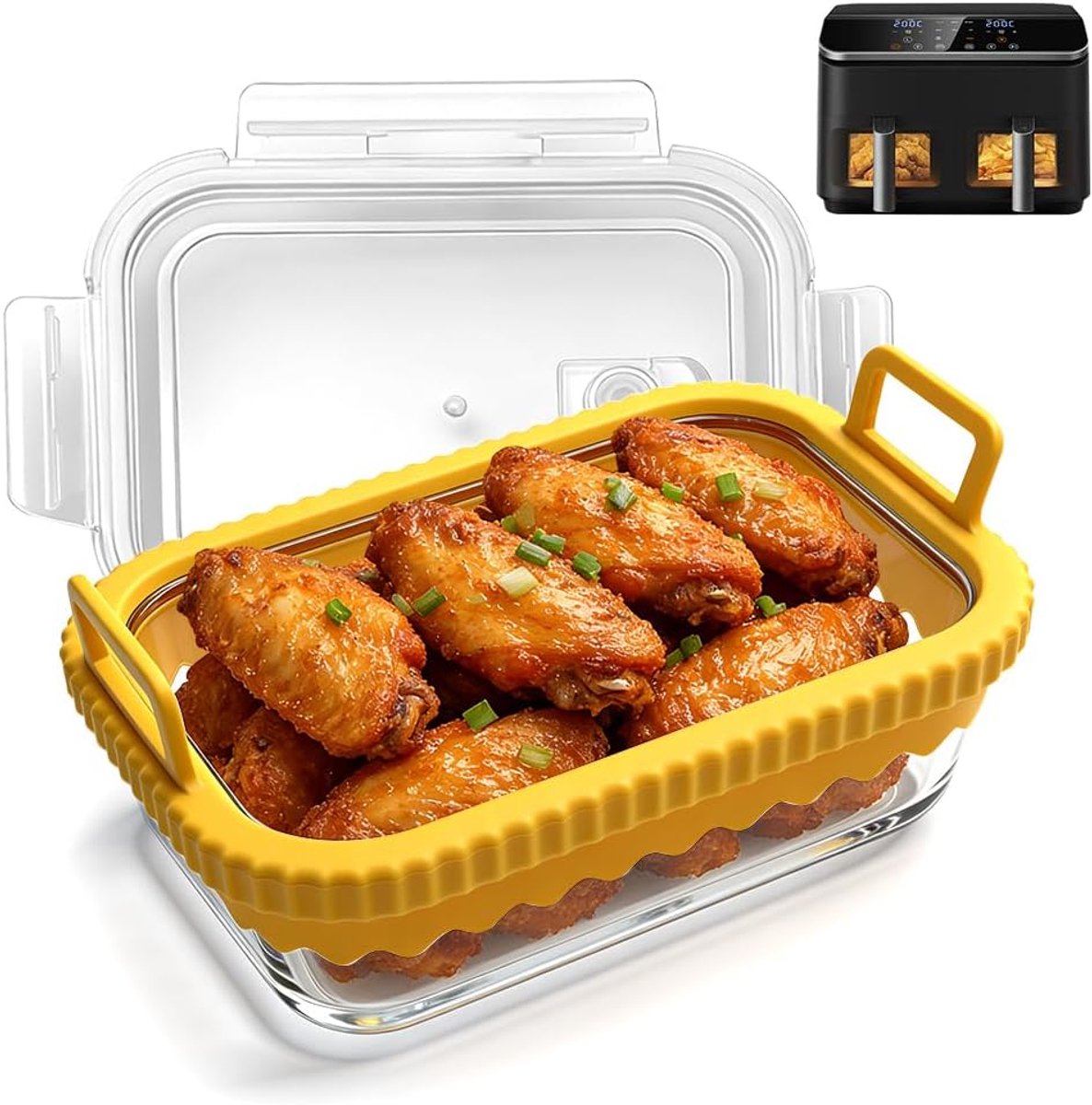 Accessoires voor de Ninja AF400EU/AF500EU/SL400EU heteluchtfriteuse, glazen ovenschaal met siliconen handgrepen, glazen ovenschaal met uitneembare siliconen ring en