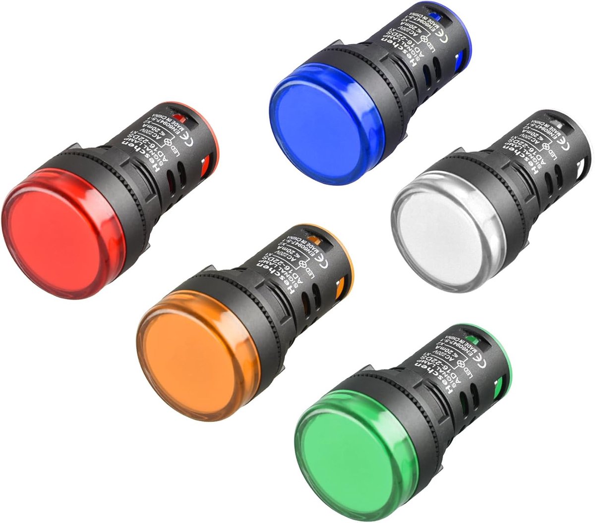 LED indicatorlampen 22 mm - rood, groen, geel, blauw en wit - 220 V AC 20 mA - set van 5