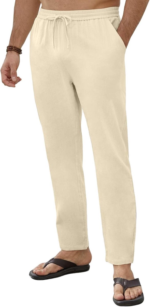 Linnen broek voor heren, zomer, casual, lang, licht, rechte pijpen, katoen en linnen, sportbroek, elastische tailleband, comfortabel, strandbroek, joggen, yoga, met zakken