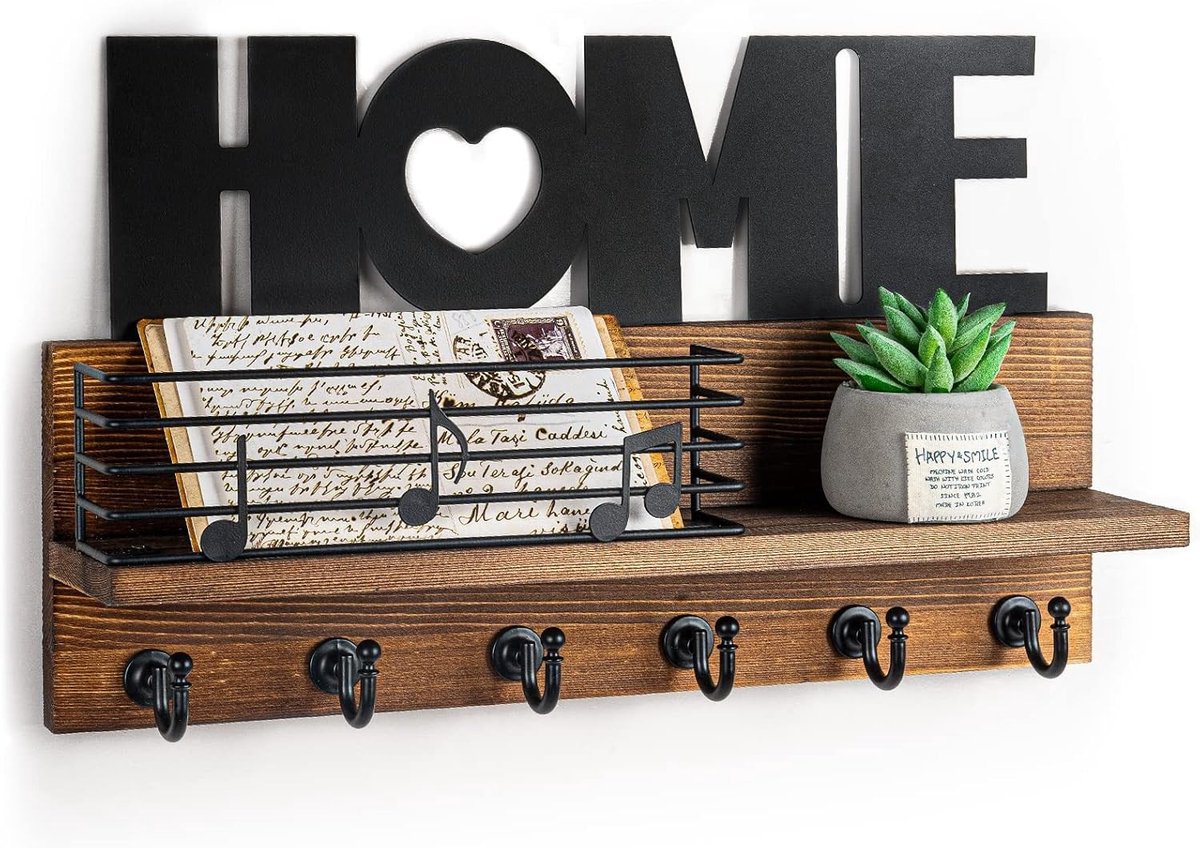 Sleutelrek met Plank voor Thuisdecoratie - Vintage Rustieke Wandorganizer met 6 Haakjes en Houten Sleutelbord voor Sleutelopslag en Organisatie