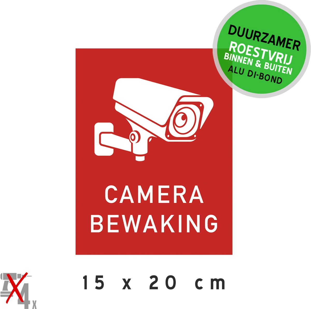 Pictogram/ metaal bord | "Camerabewaking" | 15 x 20 cm | Videobewaking | Rood | Duurzaam | Camera toezicht | Let op! | Bewaking | Waarschuwing | Roestvrij | 1 stuk