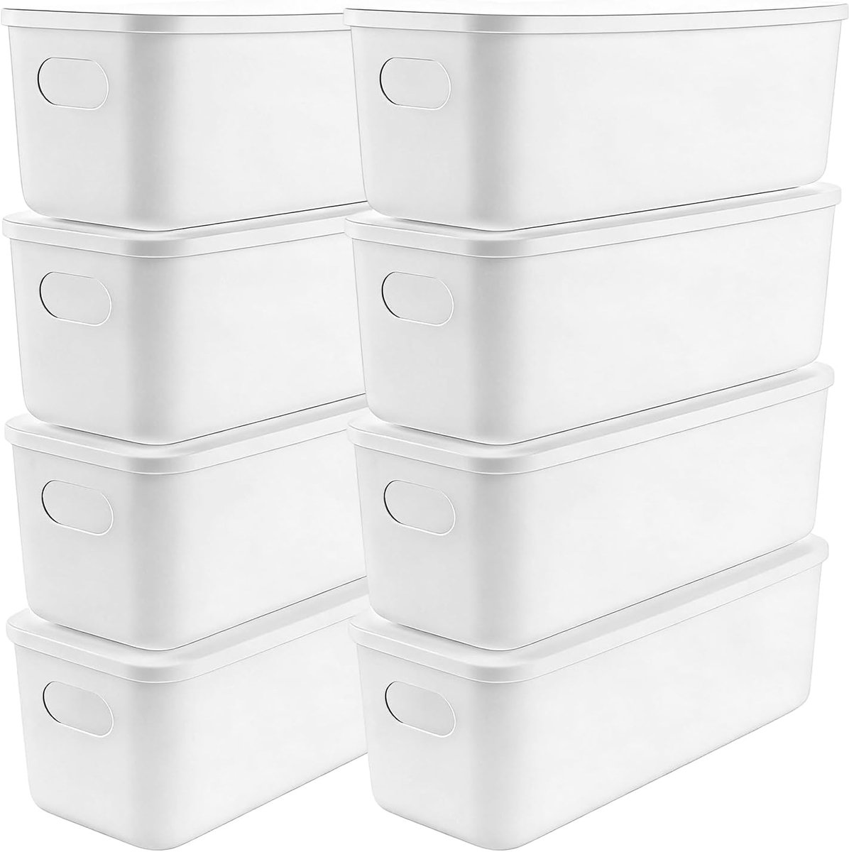 8 stuks opbergdozen met deksel, 28,0 x 10,5 x 9,5 cm, kleine dozen, witte kunststof stapelbare opbergdozen, opbergdozen met deksel voor keuken, kast, badkamer