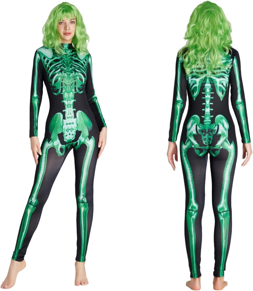 Skeletpak voor dames, groen, skelet, overall met paarse pruik, cosplay, carnaval