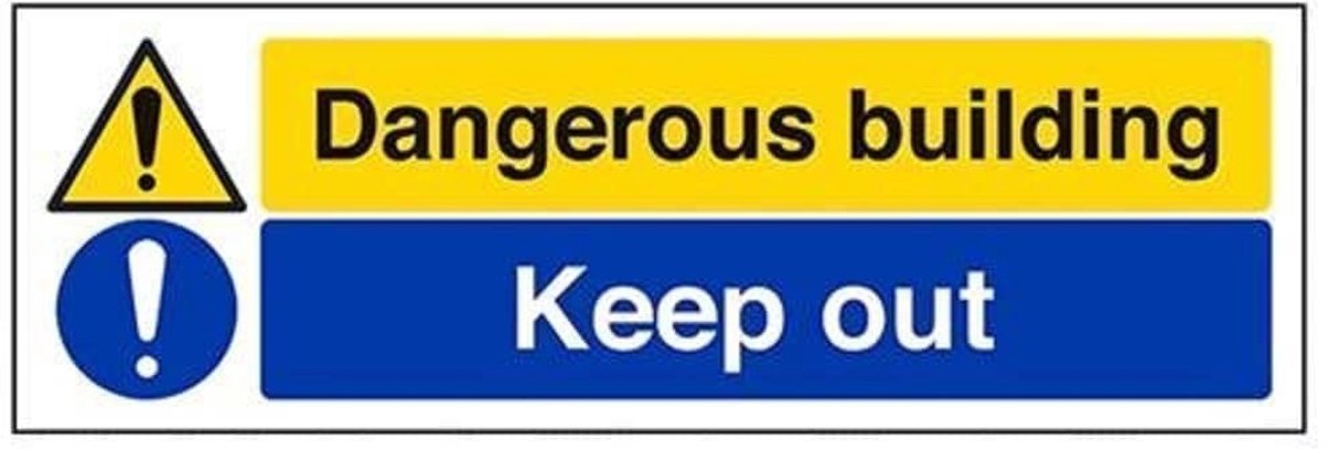 Signs 67143AX-R "Dangerous Building/Keep Out" waarschuwingsbord, 1 mm hard plastic, landschap, 300 mm x 100 mm, zwart/blauw/geel