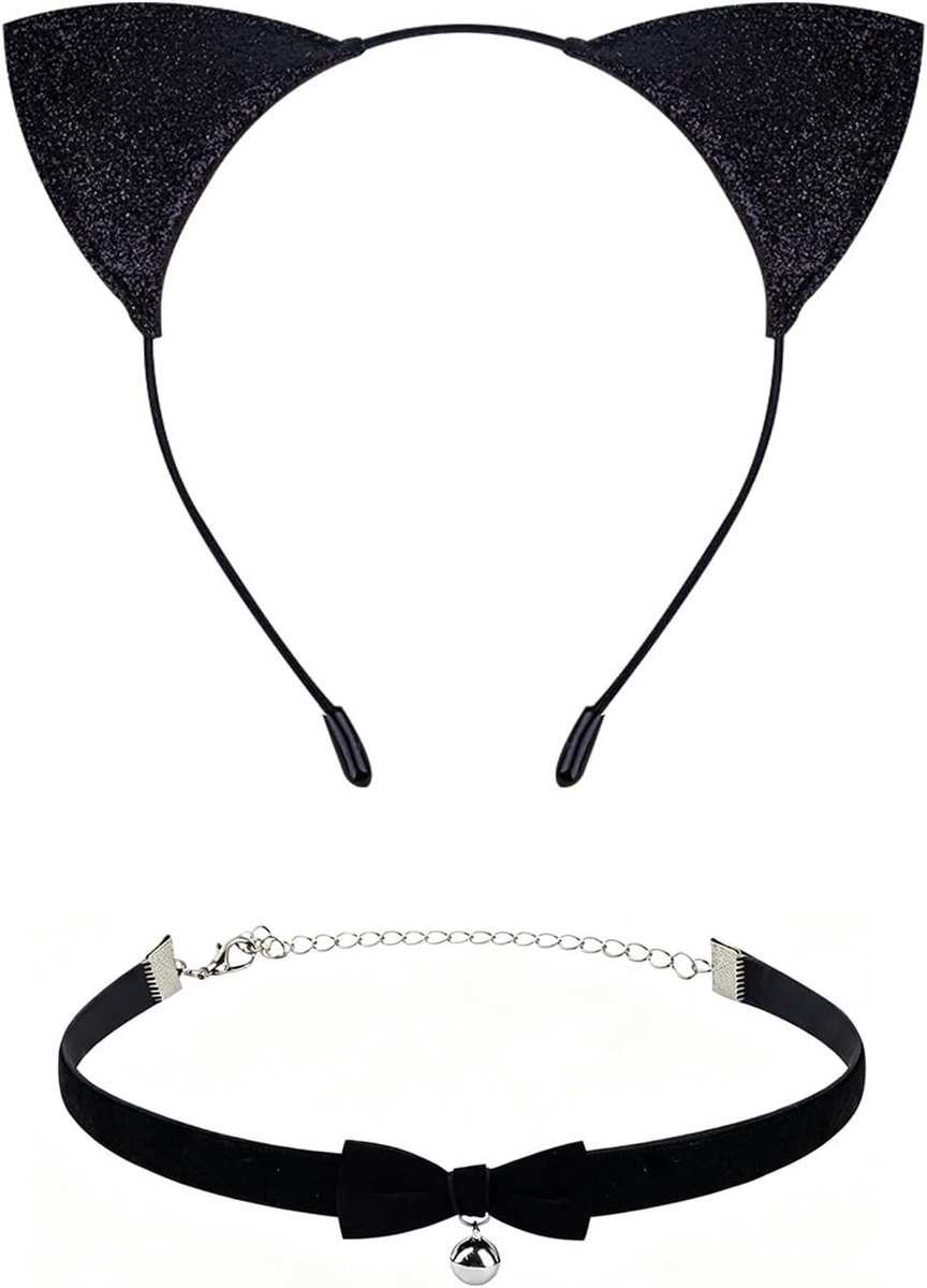 Halloween-kostuum voor dames, 2-delige set met haarband, kattenoren, zwart, glitter en halsband met strik en bel, cosplay-accessoires voor kat en carnaval, Lolita