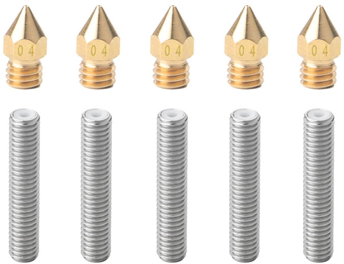 5 Stuks 3D Printer Extruder 0.4 mm Messing Mondstuk Printkop en 5 Stuks 3D Printer Extruder M6 X 30 mm Roestvrij Staal Mondstuk Keelbuis