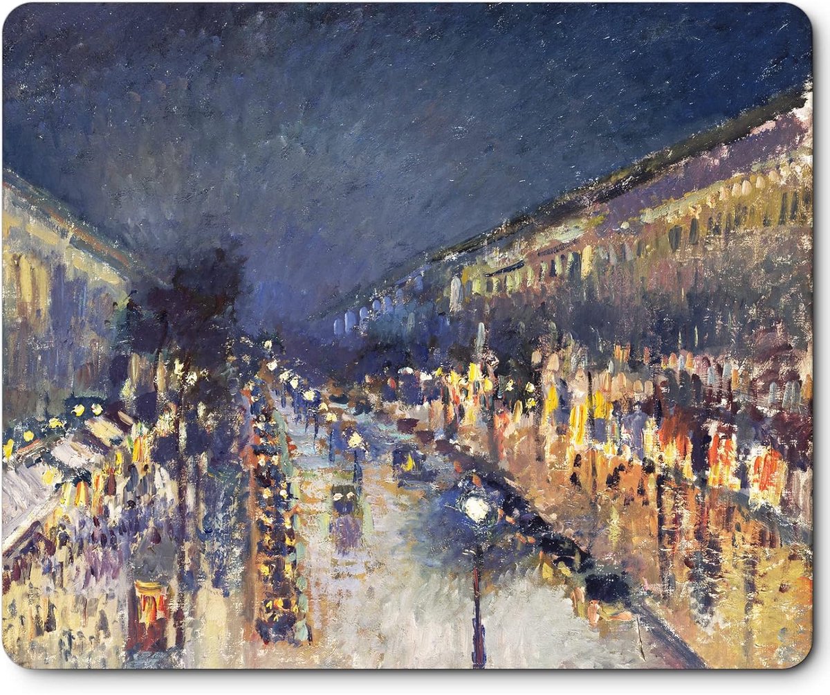 Muismat met kunstontwerp, gelmuismat voor pc, computer en laptop, rubberen basis middelgroot formaat 240 x 200 mm antislip, waterdicht, glad oppervlak (Pissarro-De Boulevard Montmartre bij Nacht)