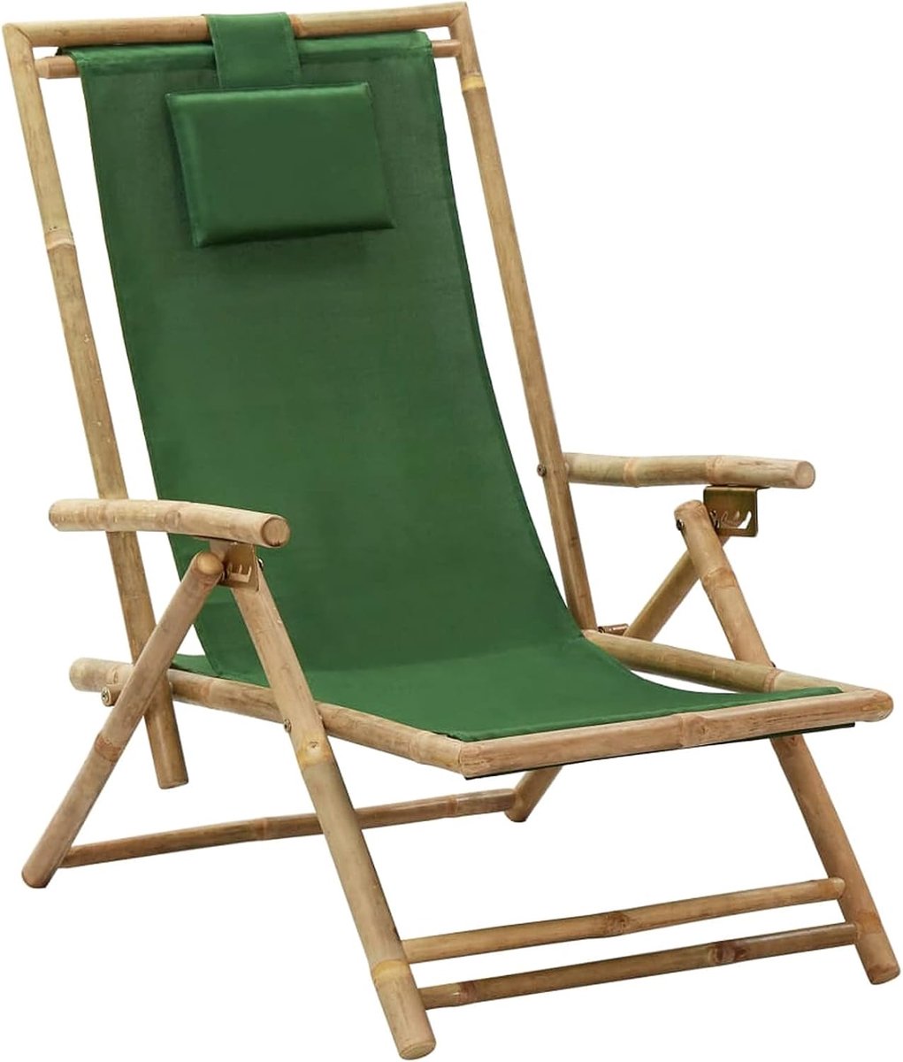 Relaxstoel, ligstoel, klapstoel met rugleuning, 4-voudig verstelbaar, stoel voor terras, balkon, zwembad, van bamboe en groene stof