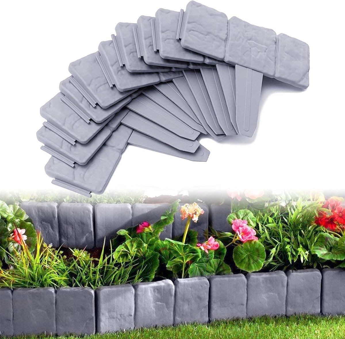 Kunststof steenlook, 5 m, flexibele PP-bloembedomranding voor bloemen, tuinhek, decoratief, 25 x 23 cm (l x h x h), 20 stuks, grijs
