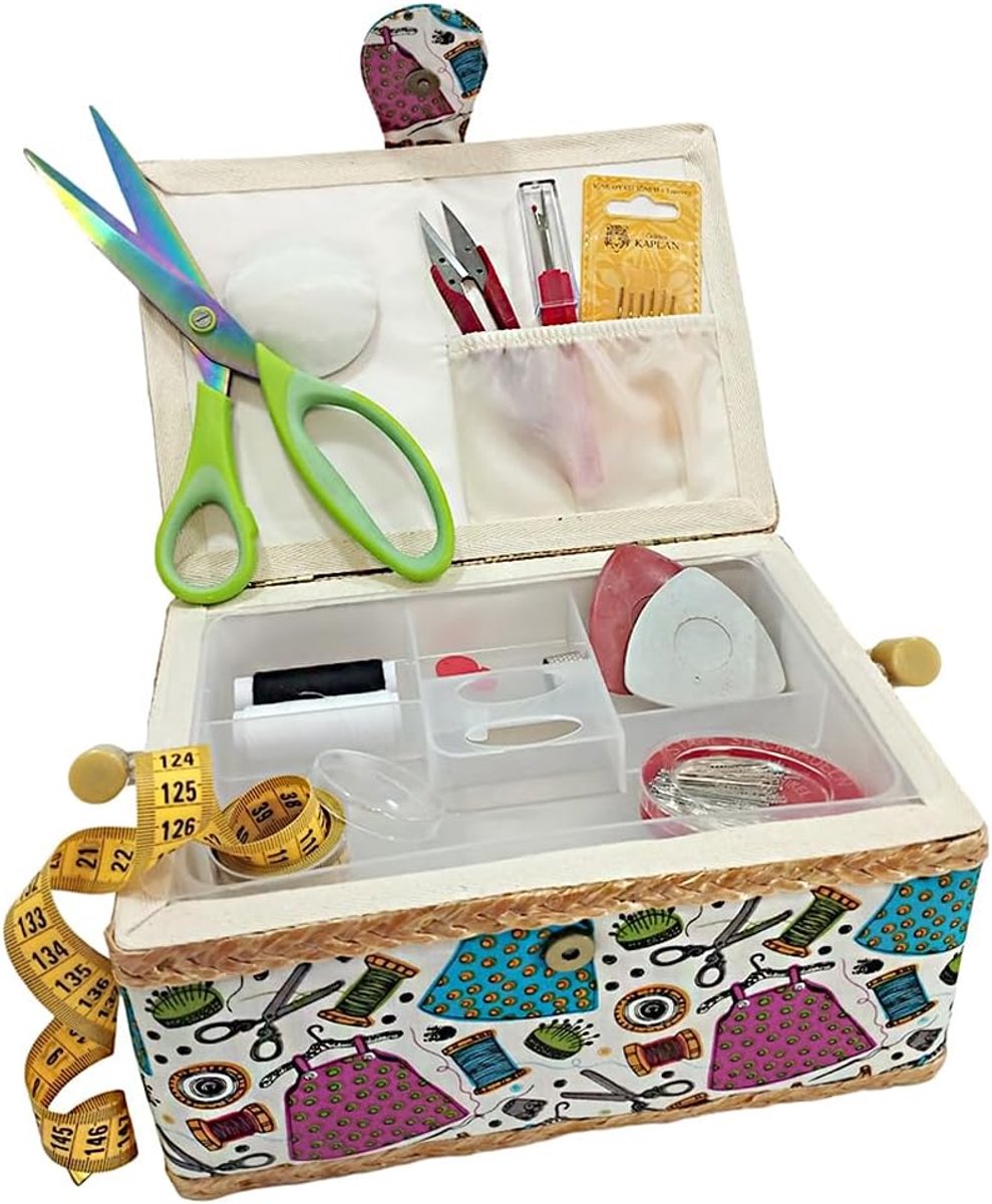 Naaidoos met accessoires, gevoerd met stof, vakken, cadeau voor moeder, vriendin, zus