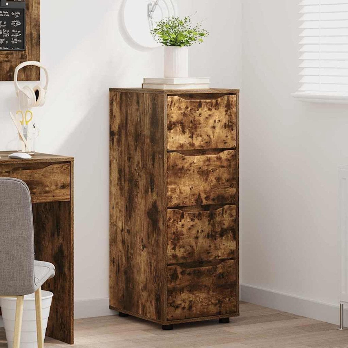 Opbergkast Gerookt eiken 40 x 48 x 105 cm Bewerkt hout met 4 lades, voorraadkast voor slaapkamer woonkamer, minimalistische designkast met verstelbare hoogte en bun voet poten