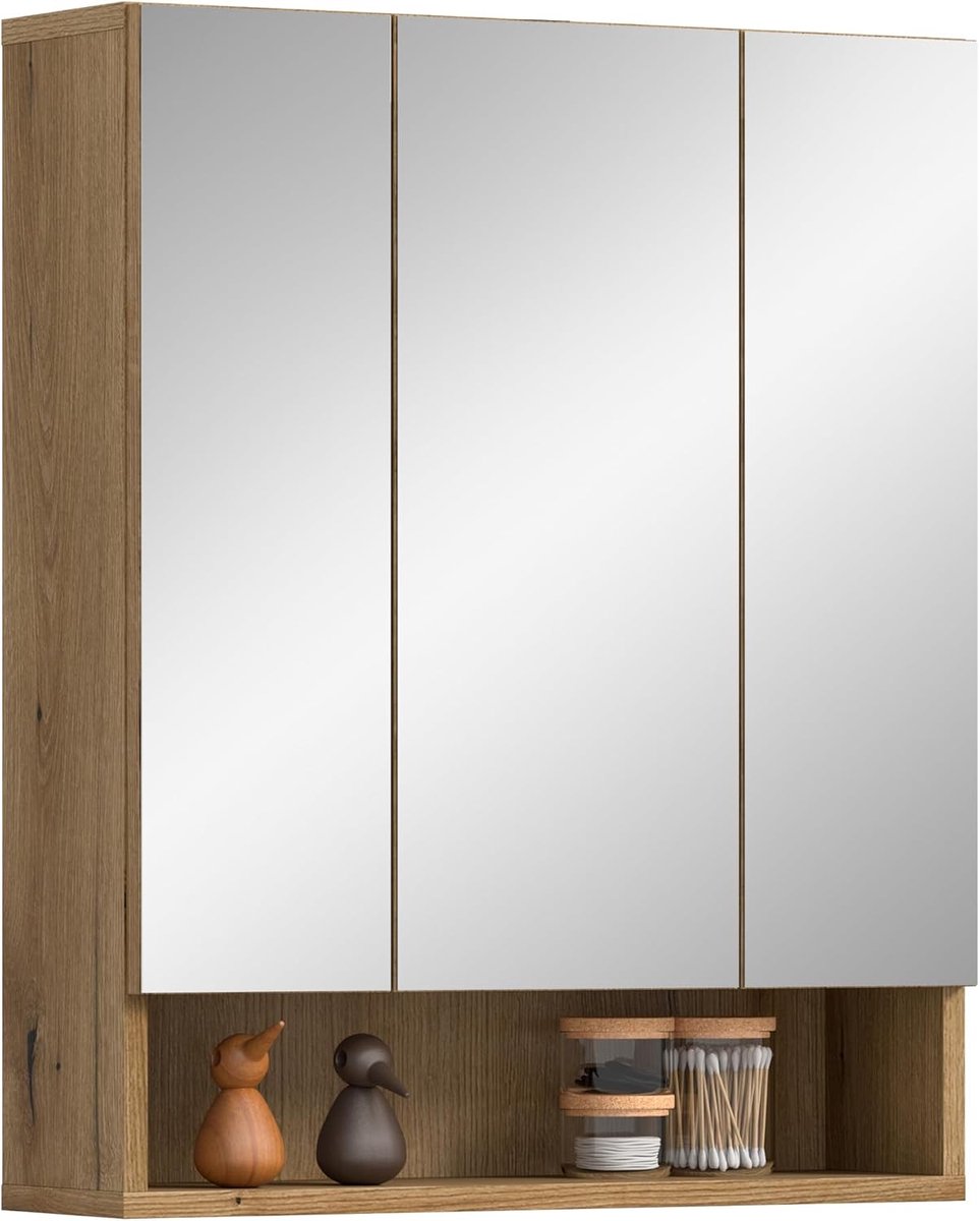 Xonox.home Spiegelkast Aqua 60 x 74 x 18 cm in Evoke Oak replica – 3 spiegeldeuren, 6 verstelbare planken & 1 open vak – modern badkamermeubel met opbergruimte – stijlvol, licht en