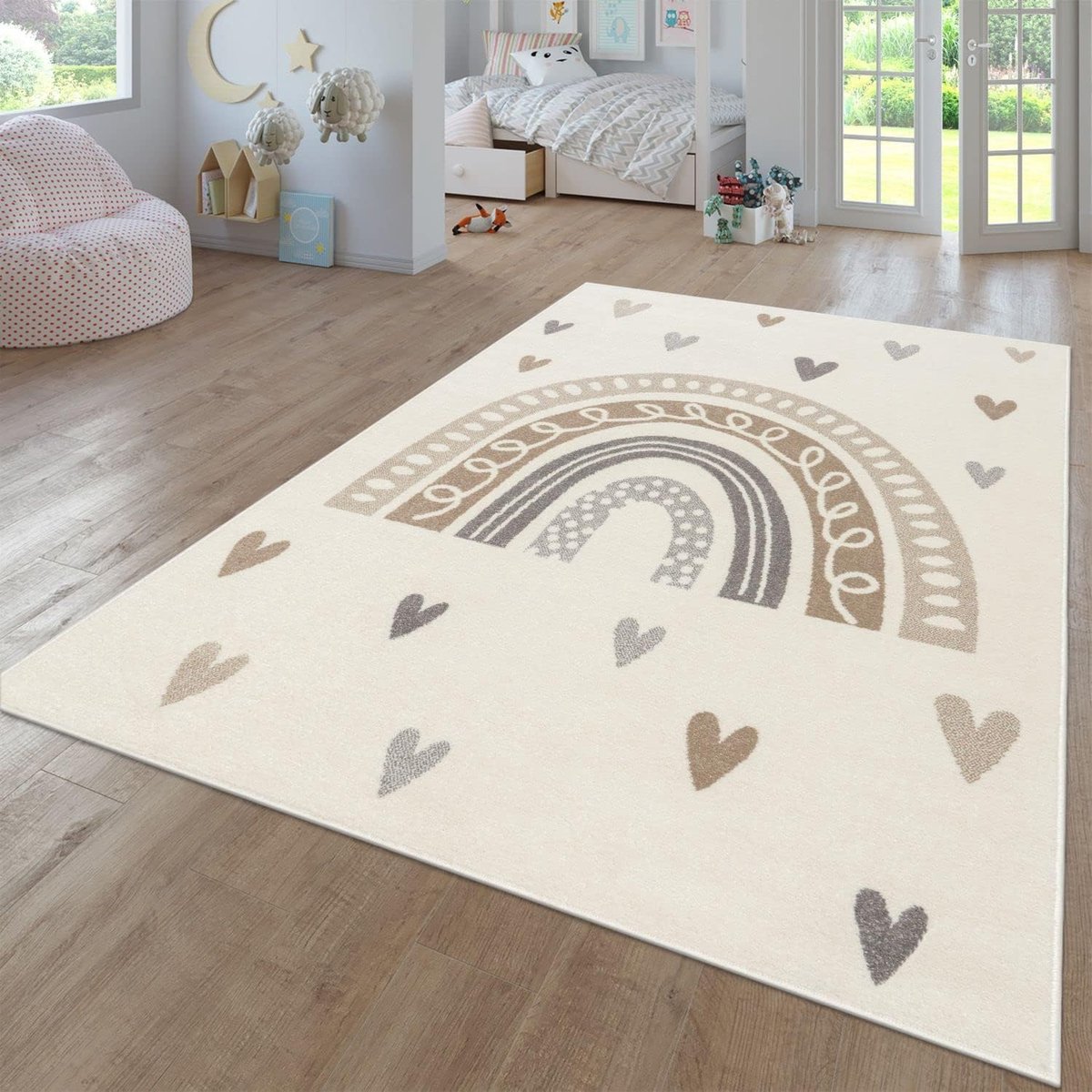 Home Tapijt Voor Kinderen Vloerkleed Kinderkamer Modern Regenboog Wolken Dierlijk motief Veelkleurig, Kleur: Beige, Maat:120 cm rond