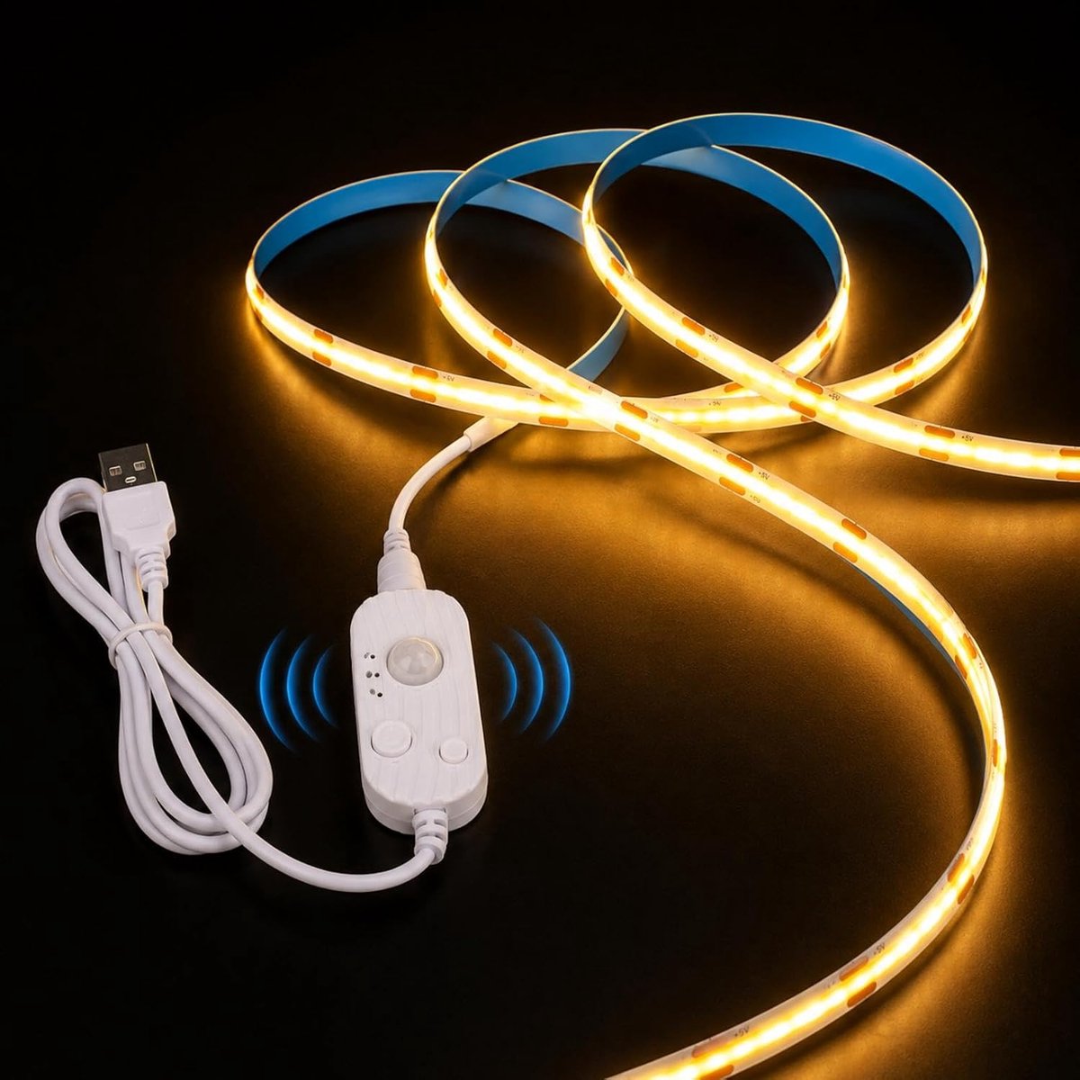 2M COB LED Strip met Bewegingssensor, Warmwit 2700K, 640 LED’s, Automatisch in- en Uitschakelen Dimbaar, CRI90+, USB 5V, Zelfklevende LED Strip voor Trappen, Kinderkamers, Kasten en Bedlampjes