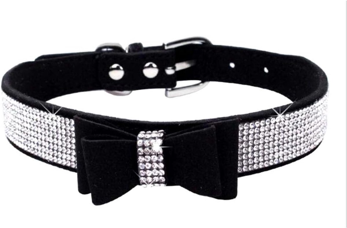 Halsband, schattig, oogverblindend, sprankelend, zacht suède, lederen hond en kat strass halsband, kristal diamanten halsband voor huisdier/hond/puppy (M, Zwart-1)