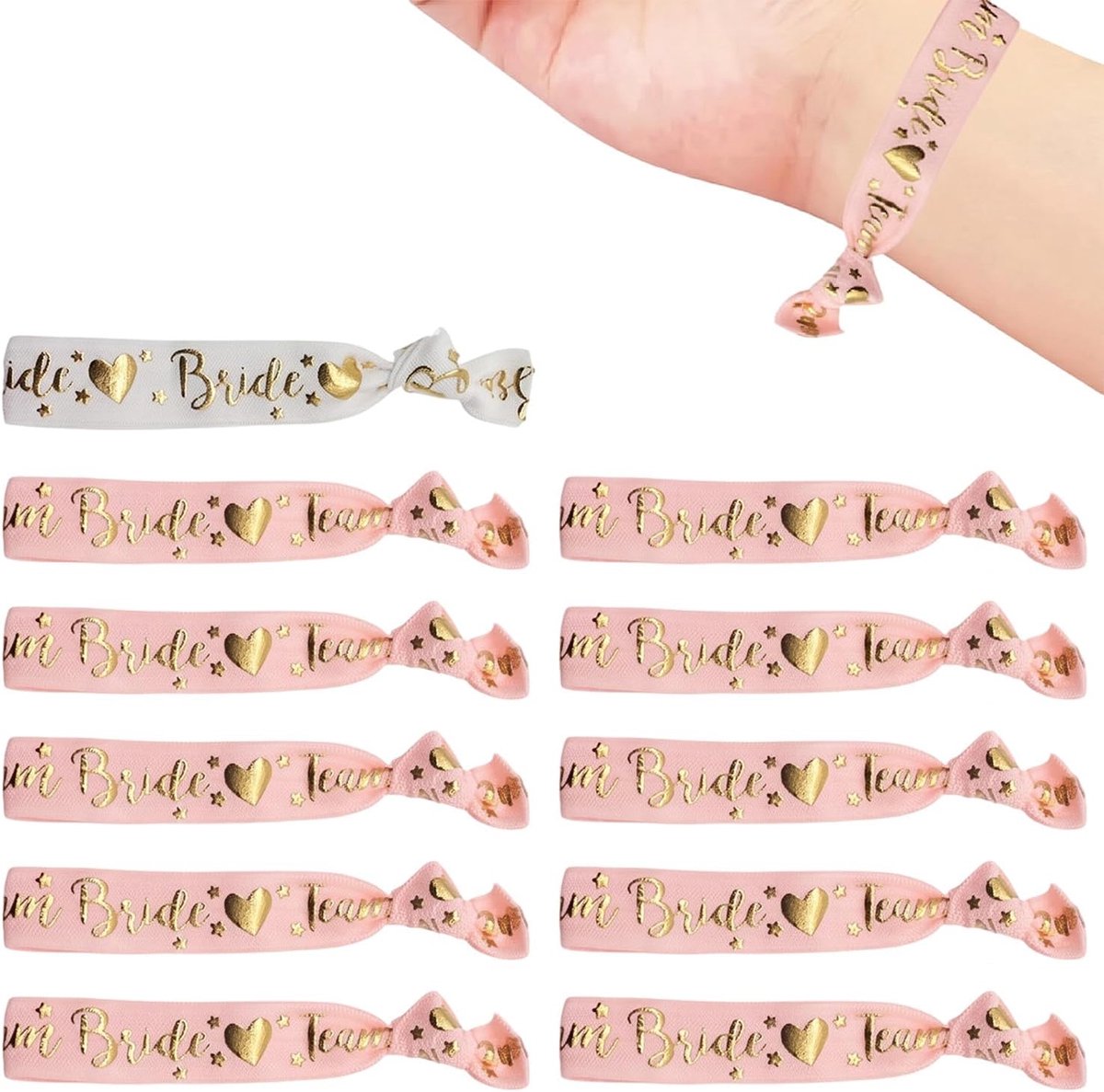 Set van 11 JGA armbanden Team Braut & Bride - elastische armbanden voor vrijgezellenfeest vrouwen, vrijgezellenfeest accessoires, Team Bride armband met goudfolie hart, roze en wit