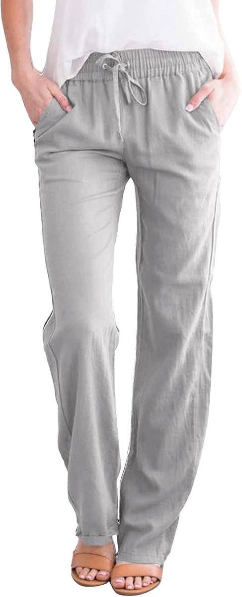 Damesbroek, casual katoenen linnen broek, zomerbroek met trekkoord en elastische taille met zakken, lichtgewicht, comfortabele, rechte broek