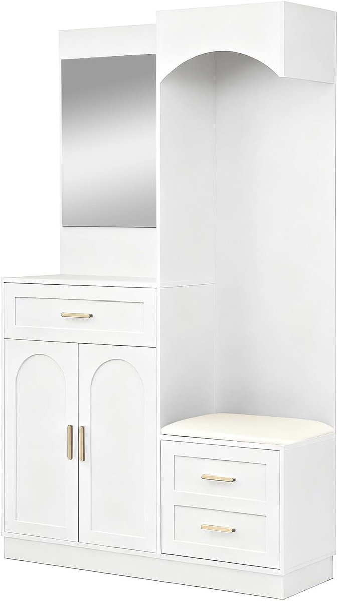Compacte garderobekast met spiegel, schoenenkast en zitbank, multifunctionele ganggarderobe met kledingstang, wit