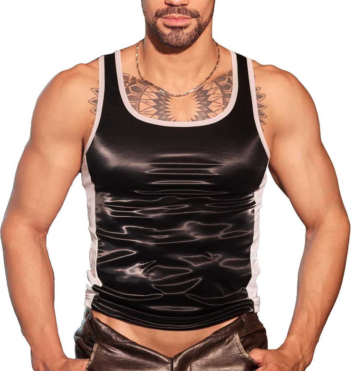 Mannen-bustehouder met kant, sexy doorzichtige vesten, lederachtige shirts met korte mouwen voor sportkleding