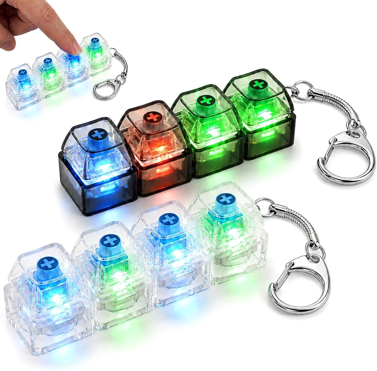 2 stuks anti-stress verlicht speelgoed, sleutelhanger, fidget toy, 4 knoppen (1 zwart + 1 wit)