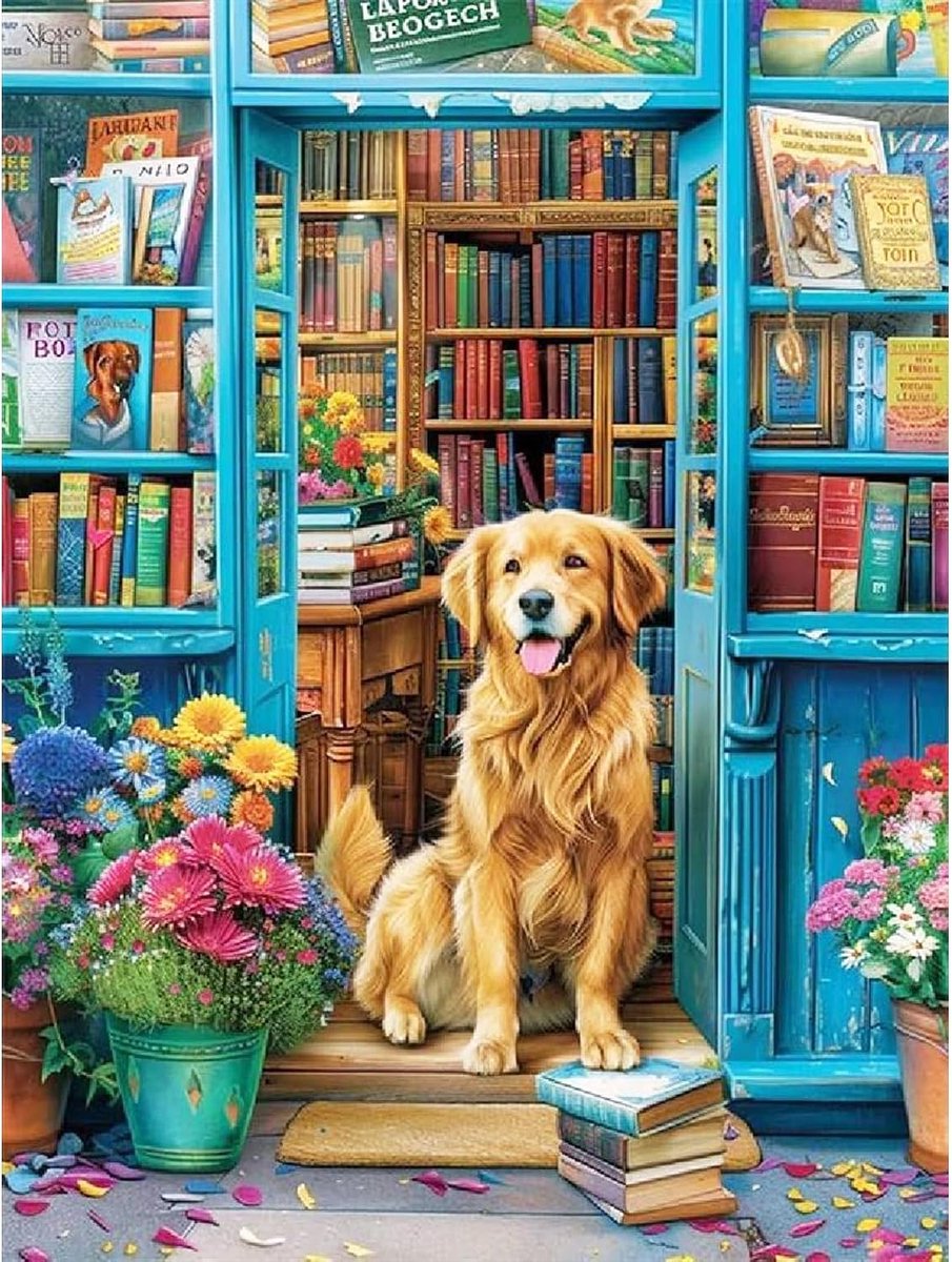 Boekenplank en hond Diamond Painting Art Kits vleermuis voor volwassenen, pompoenhuis en dier, glas, diamantschilderij met kristallen voor principianti, decorazione huis, 30 x 40 cm