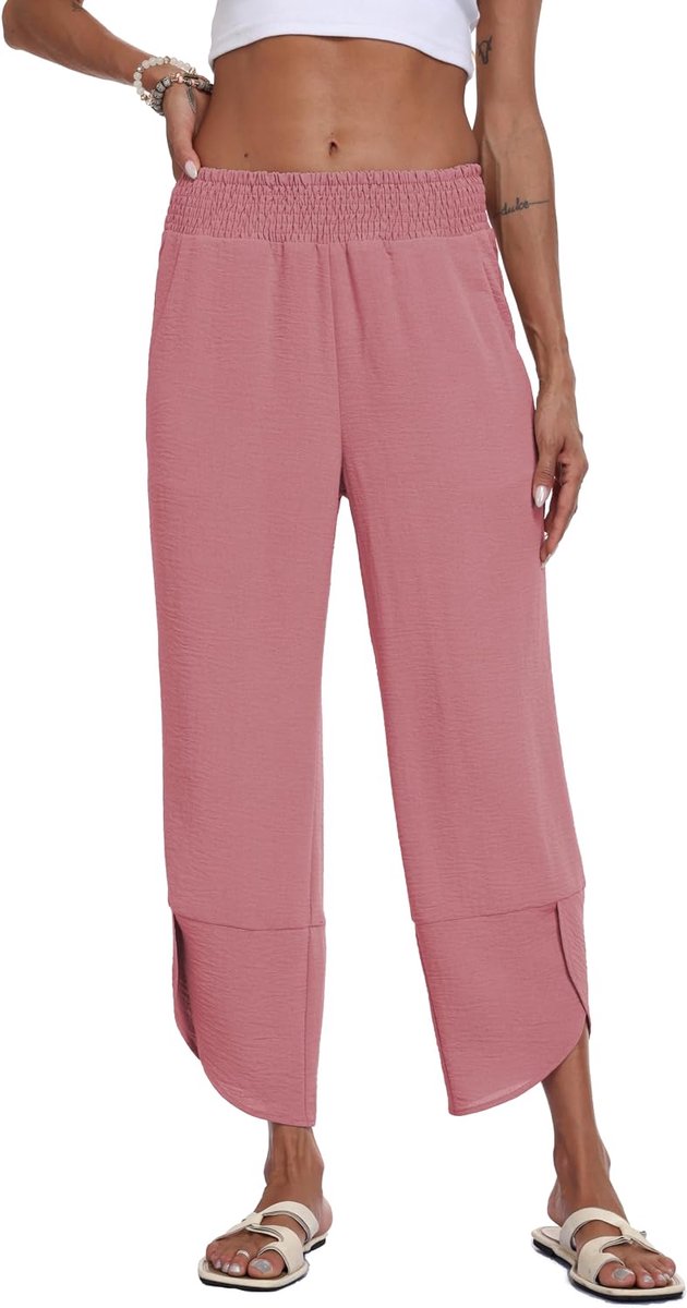Wijde pijpen, stoffen broek, hoge taille, harembroek