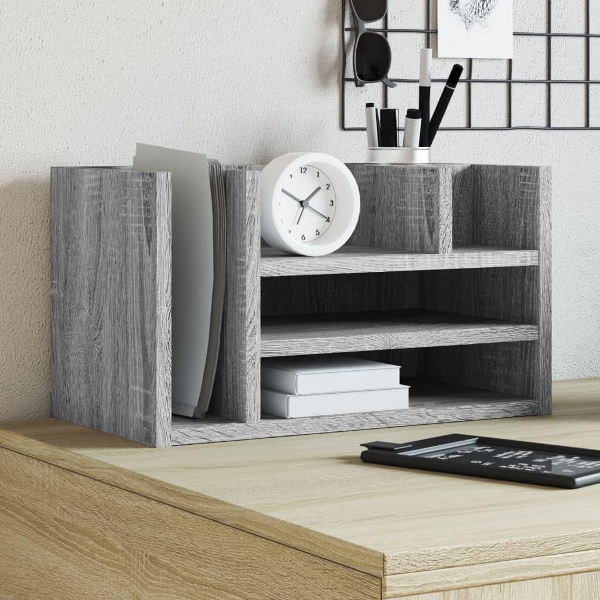 Bureau-organizer in grijs Sonoma, documentenhouder met 6 vakken, archief- en brievenbak voor kantoor en thuiskantoor, 44,5 x 24 x 25 cm, van hout