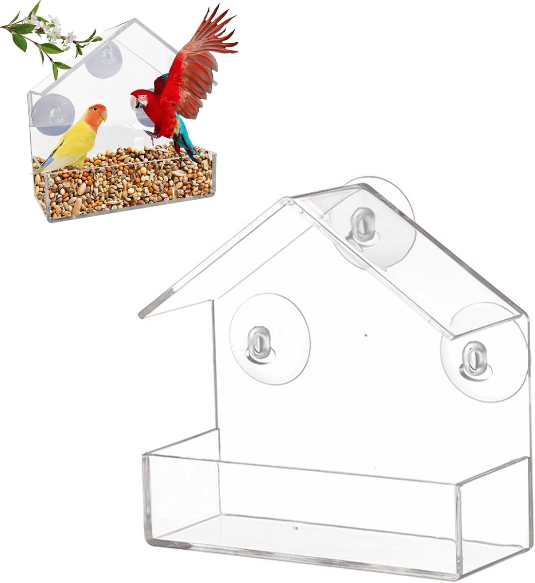 vogelkooi, adsorptie vogelvoer, kleine vogelvoeding, dierbenodigdheden, duidelijk aan de muur gemonteerd, vogelkooi met dak (3 zuignappen (15 x 6,5 x 15 cm)