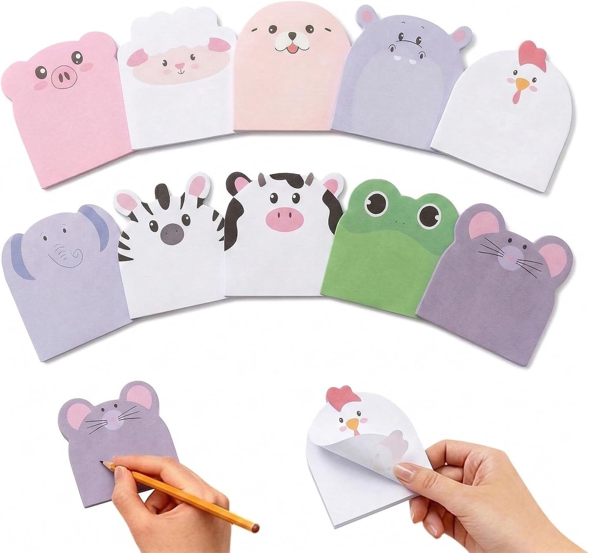 10 stuks cadeautjes voor kinderverjaardag, kleurrijke cartoondieren, zelfklevende notities, zelfklevende notitieblaadjes, kleine kantoornotities voor feestjes, tassen, vulpen, kindercadeaus