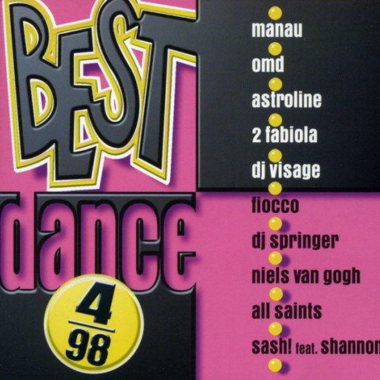 Albumhoes 'Best Dance 4/98' met de titel in grote letters, en een lijst met artiesten zoals Manau, OMD, en All Saints.