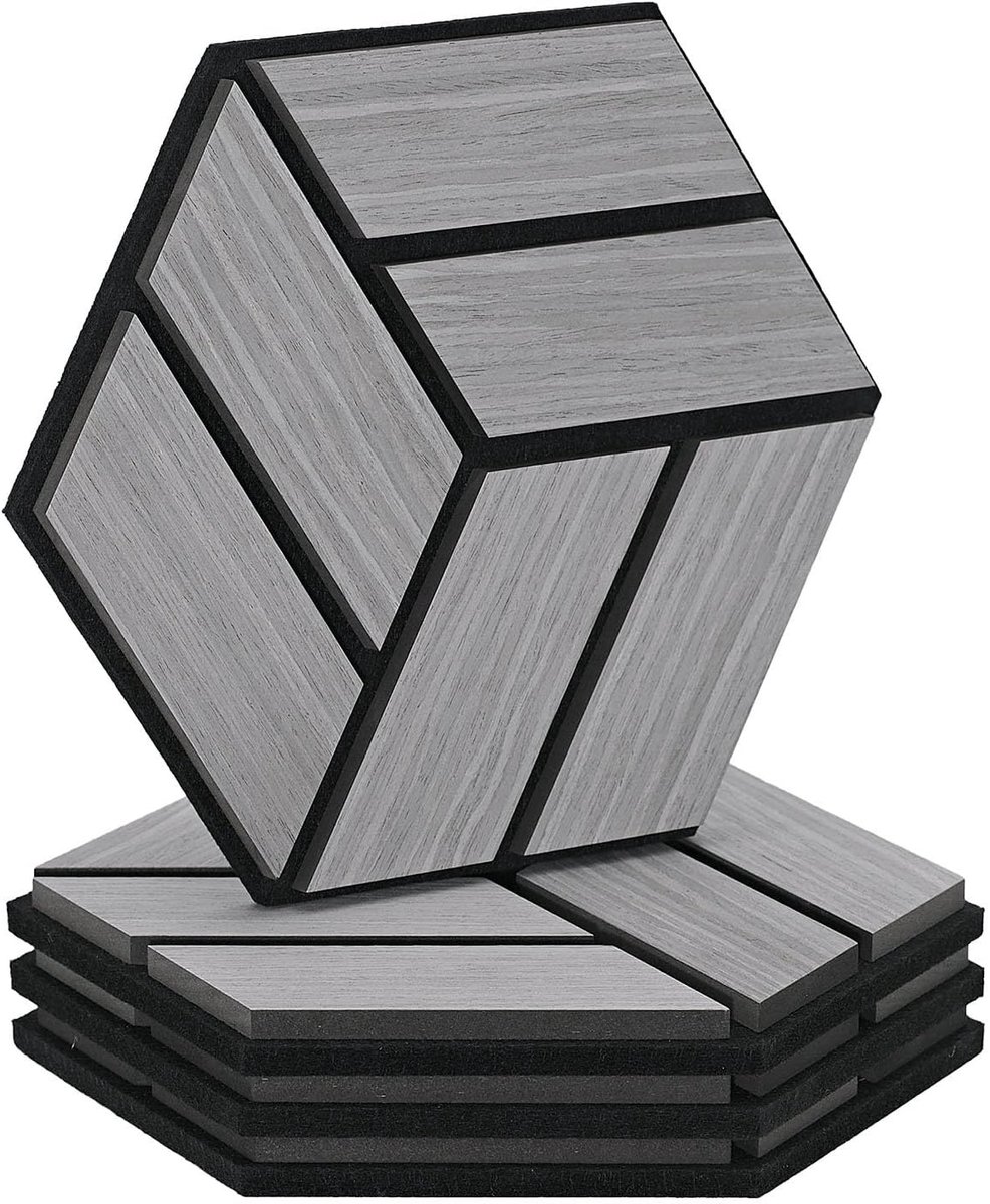 Zeshoekige akoestische platen, 4 stuks, 30 x 26 x 2 cm, grijs, geluidsisolatie, wandpanelen, akoestische behandeling, wanddecoratie
