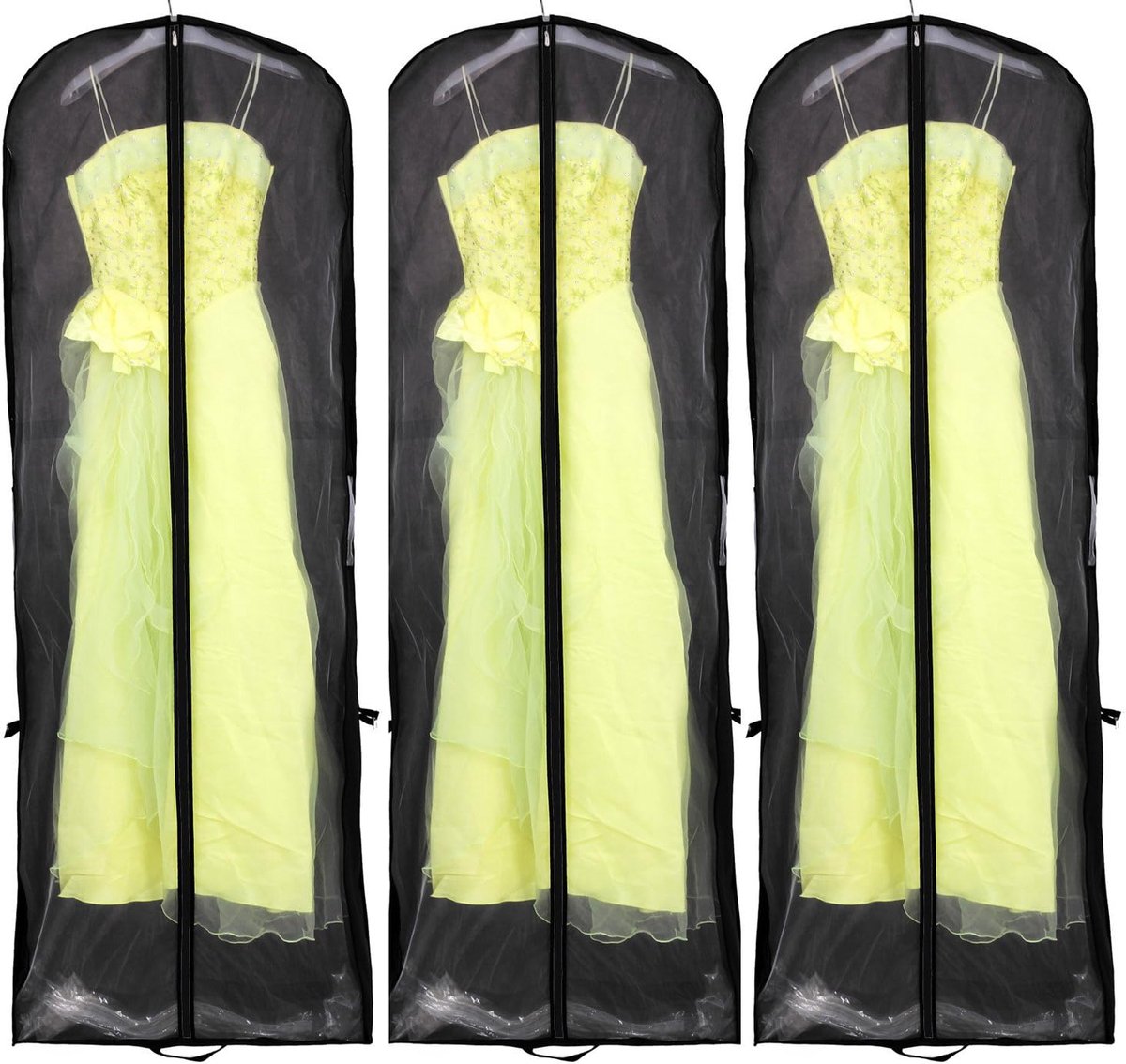 [3x] 180cm x 65cm Ademende Kledinghoes Opvouwbaar Reis-Kledingzak met Draaggrepen, Extra Groot voor Reizen en Langdurige Opslag van Bruidsjurken en Langere Kleding. Zwart KXB1001-black-3x
