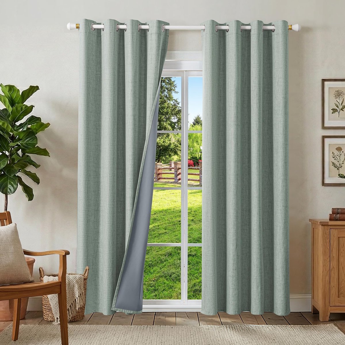 100% verduisteringsgordijnen linnen gordijnen met ogen 2-delige set, thermogordijn hittebescherming H 230 x B 120 cm, linnen-look gordijnen lichtdicht saliegroen geluidsbescherming voor